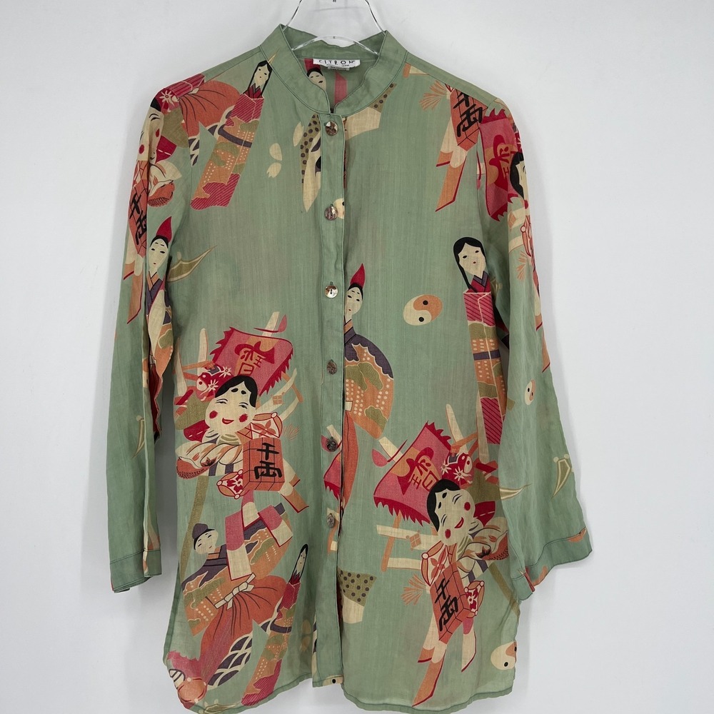 Citron Top Womens S Linen Asian Geisha Tunic‎ Dancer Boho Indie Green